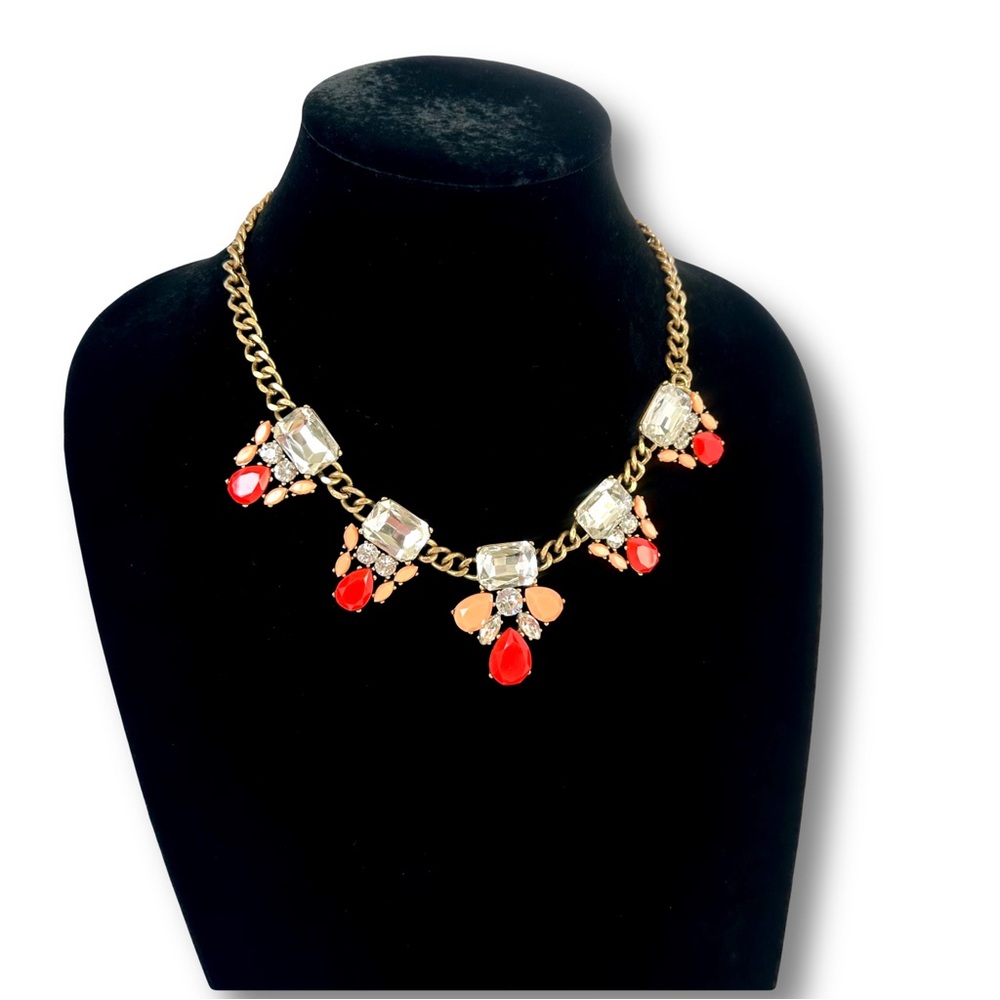 J. CREW Red & Orange Brass Statement Necklace with Crystal Accents - Picture 2 of 9